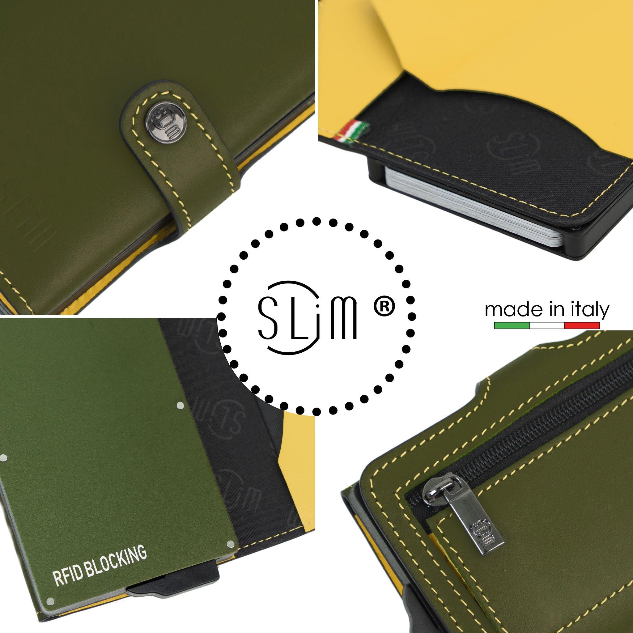 SLim Vera Pelle Portafoglio Verde Pistacchio Giallo Zip RFID