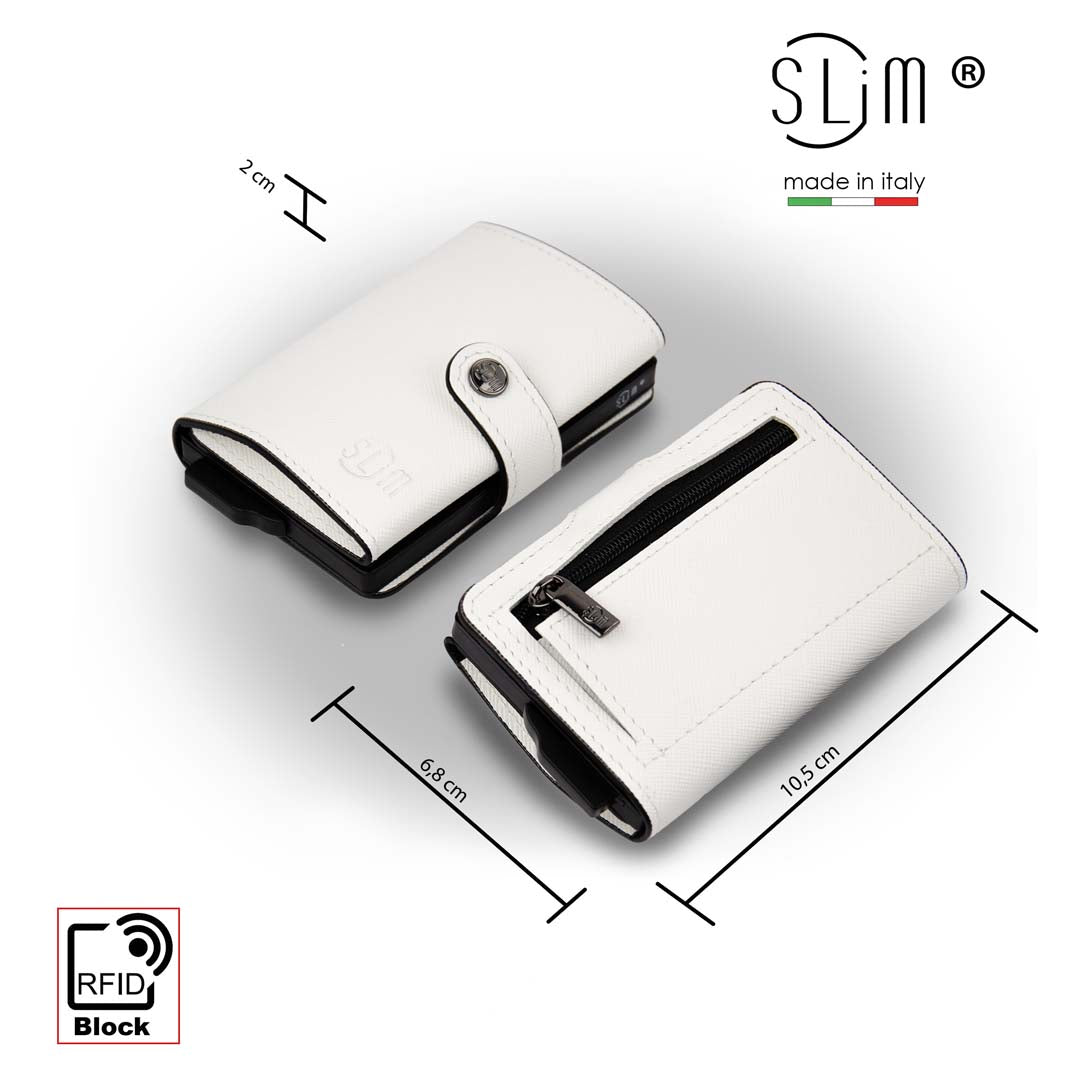 SLim Saffiano portacarte bianco con zip anti graffio RFID