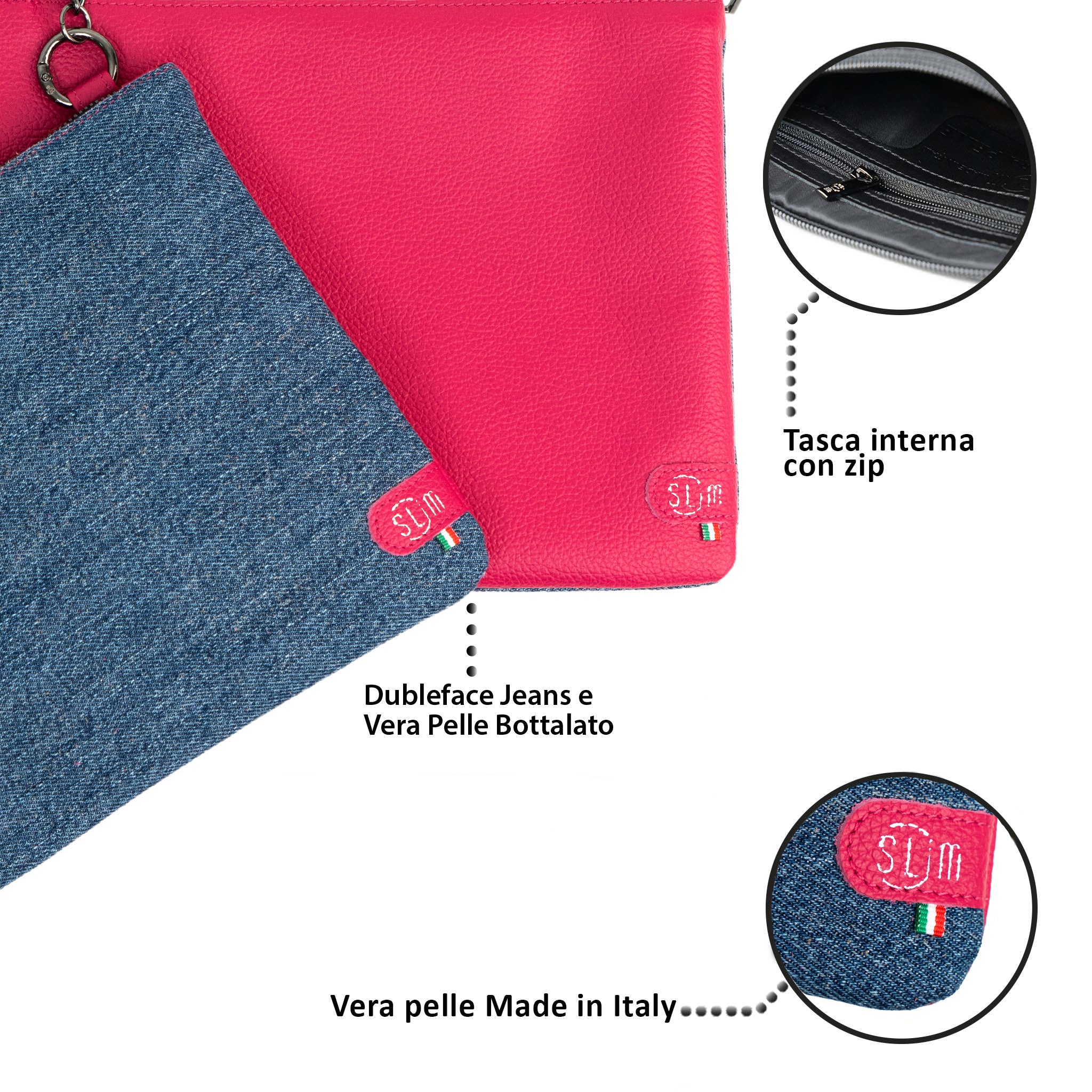 SLim Pochette Tracolla Jeans Pelle Bottalato Fucsia