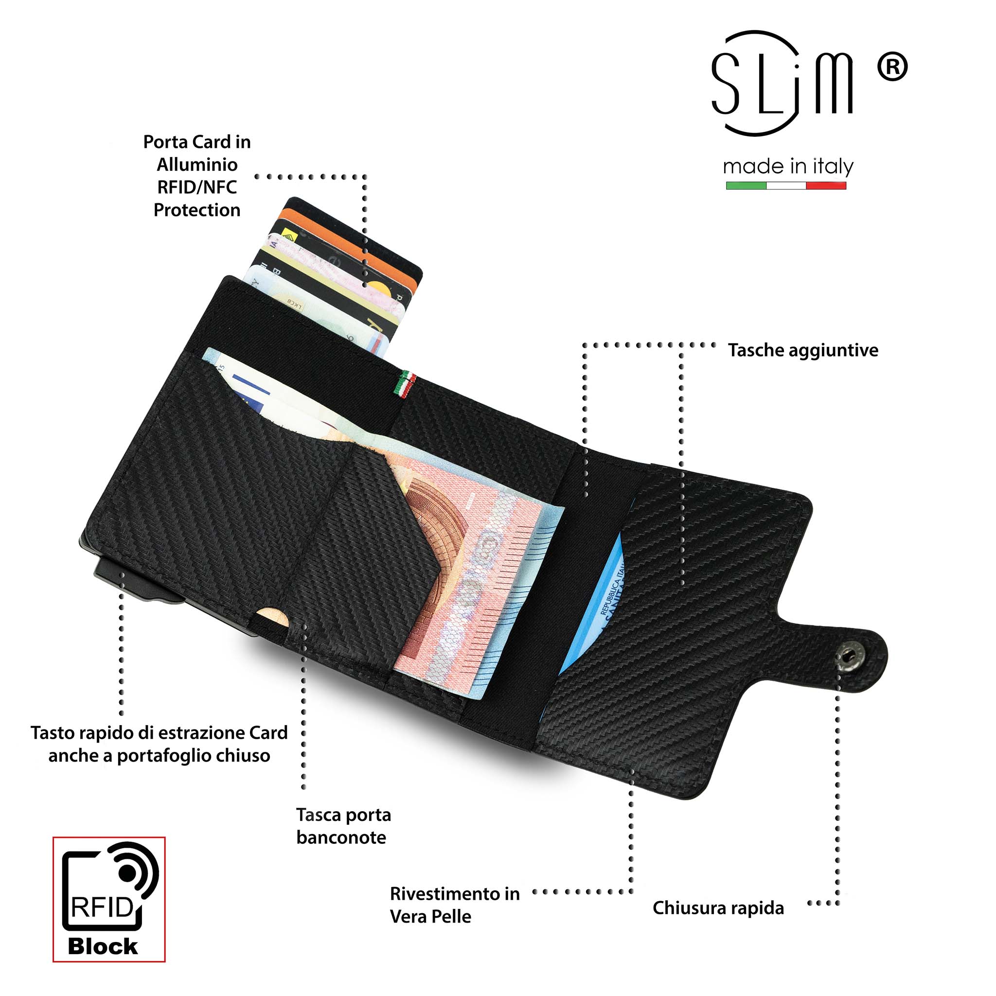 SLim Vera Pelle Carbon porta carte Nero senza zip 12 carte
