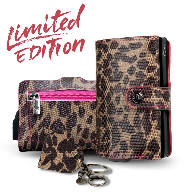 SLim Vera Pelle mini portafoglio animalier leopard fucsia RFID