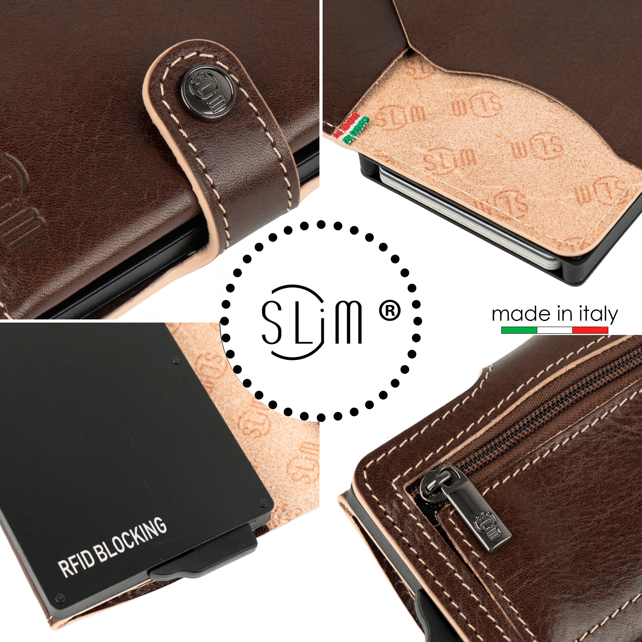 SLim Vera Pelle Portafoglio Marrone Vegetale Zip RFID 12 Carte