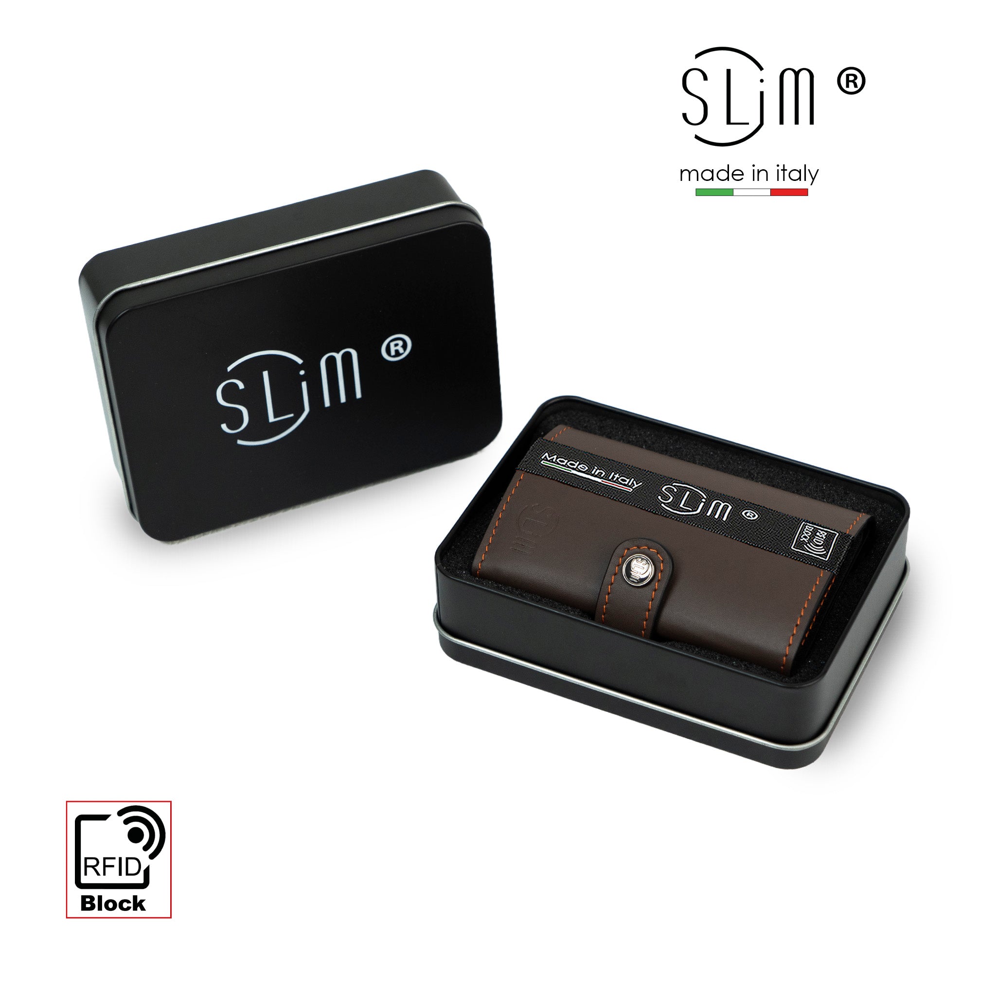 SLim Vera Pelle portafoglio testa moro arancio zip RFID