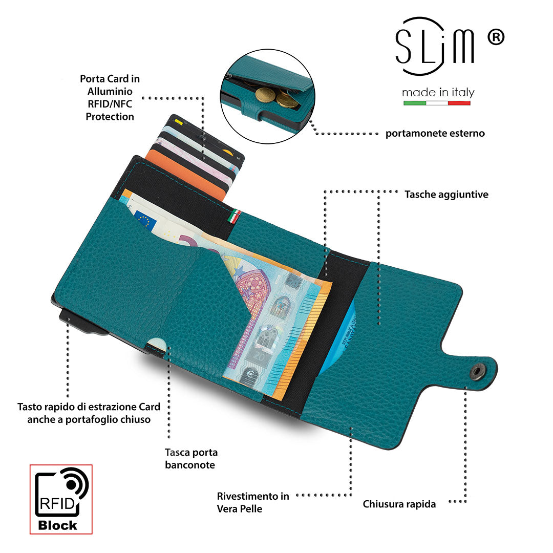 SLim Bottalato Porta Carte Pelle Petrolio Zip RFID