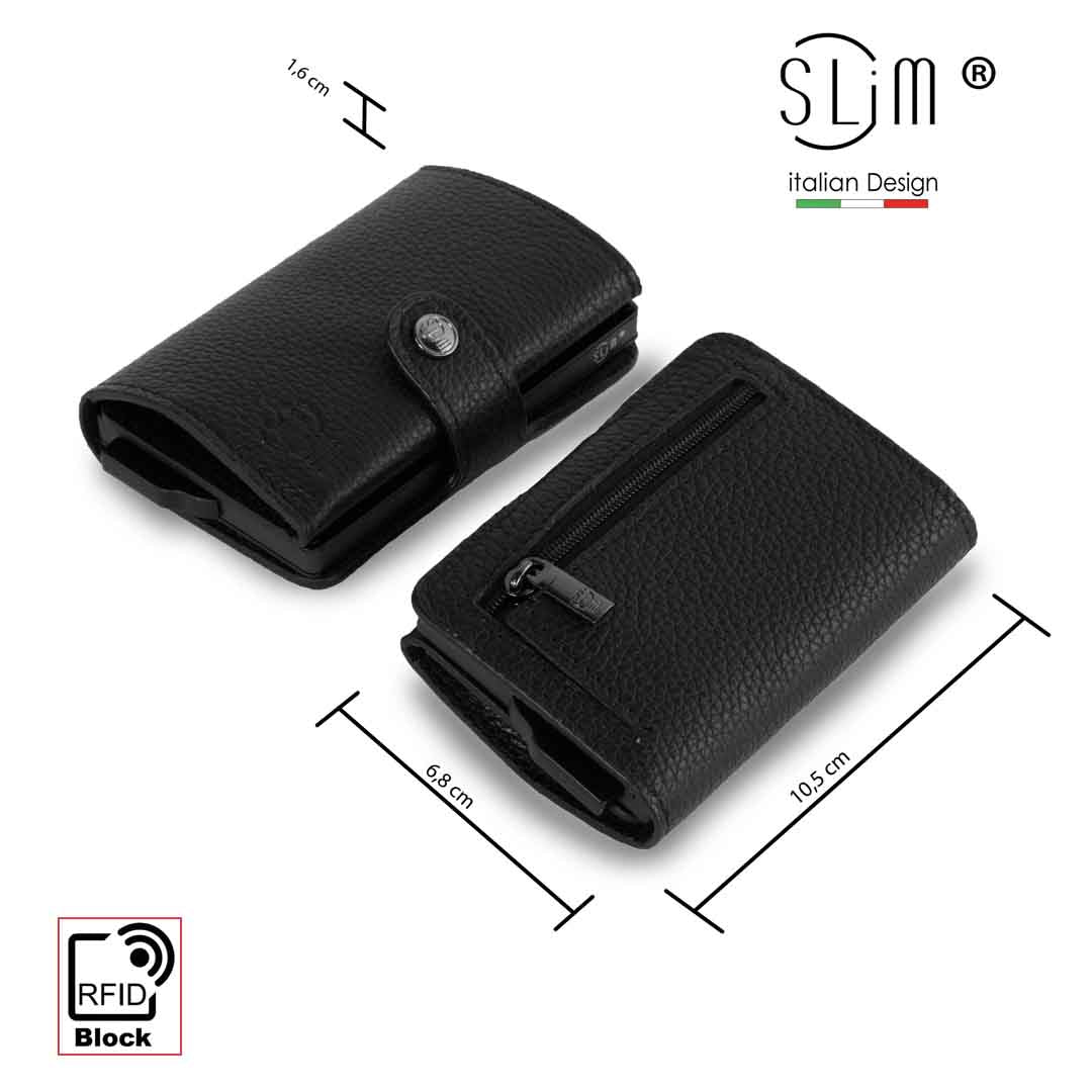 SLim Bottalato Portafoglio Nero Zip Pelle RFID