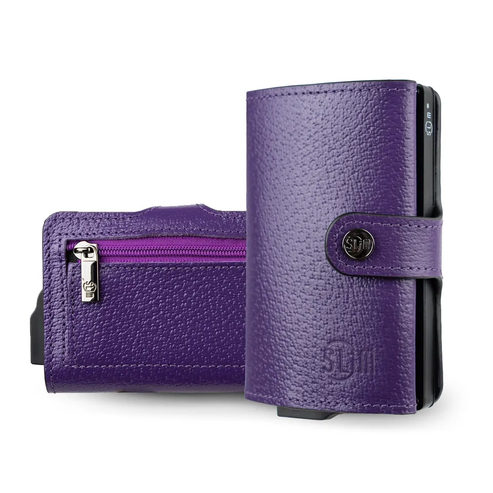 SLim Vera Pelle Cinghialino portafoglio compatto viola