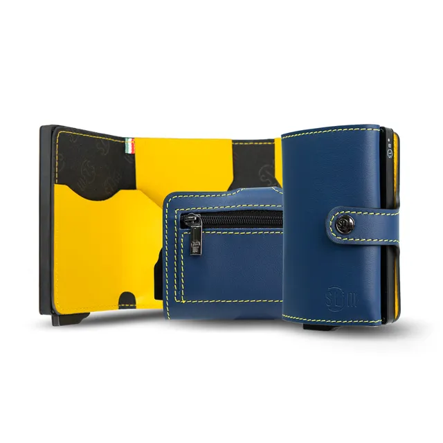 SLim Vera Pelle Blu Giallo porta carte zip 12 carte RFID