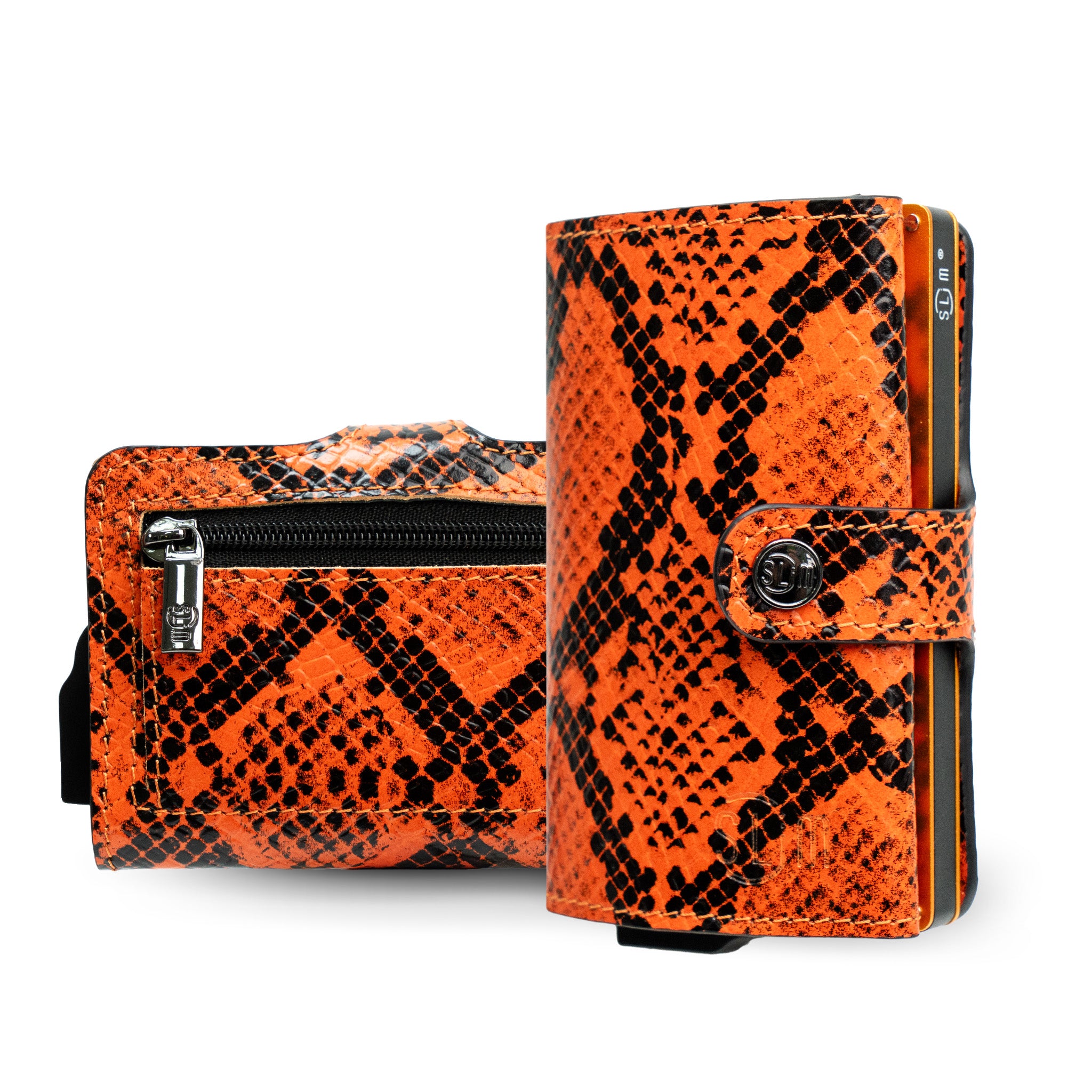 SLim Vera Pelle Rettile Arancio portafoglio compatto RFID