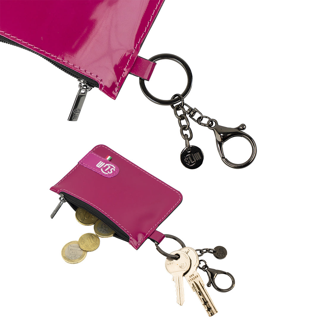 SLim Portachiavi portamonete pelle Saffiano Fucsia specchio