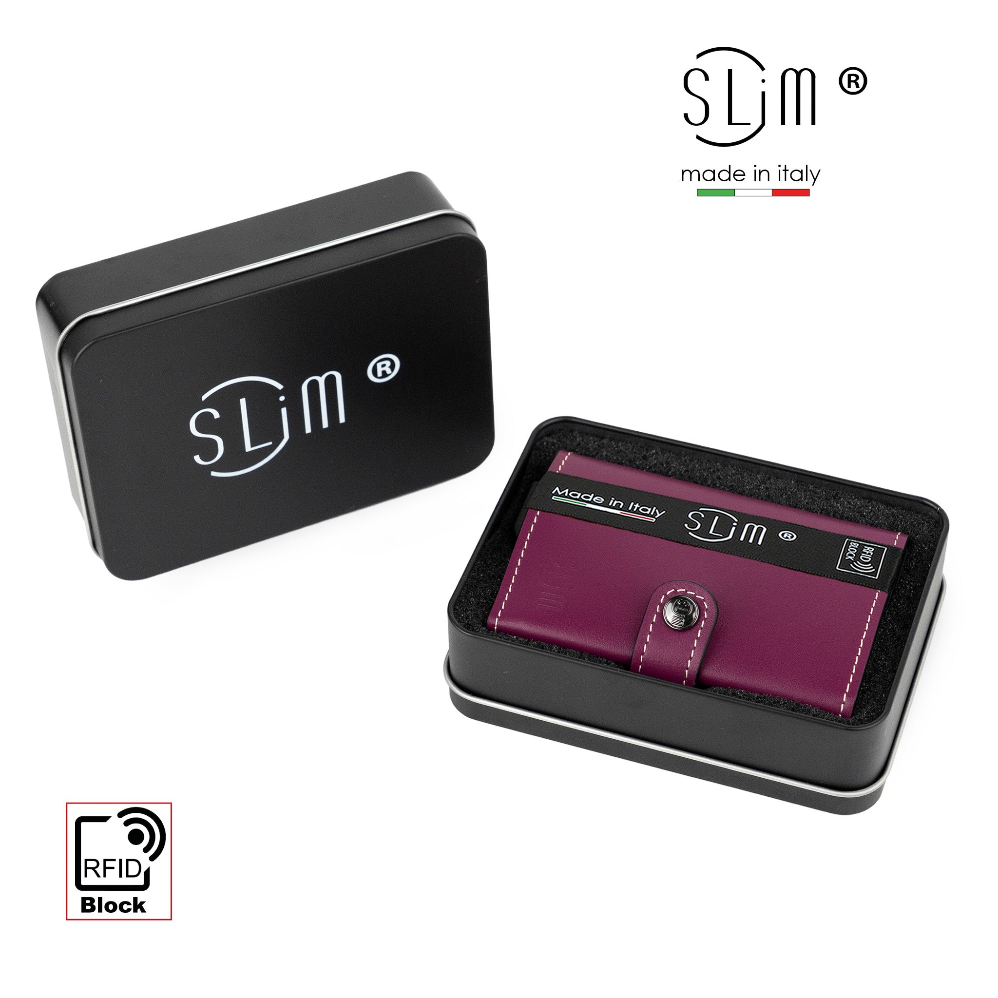 SLim Vera Pelle porta carte viola melanzana panna RFID
