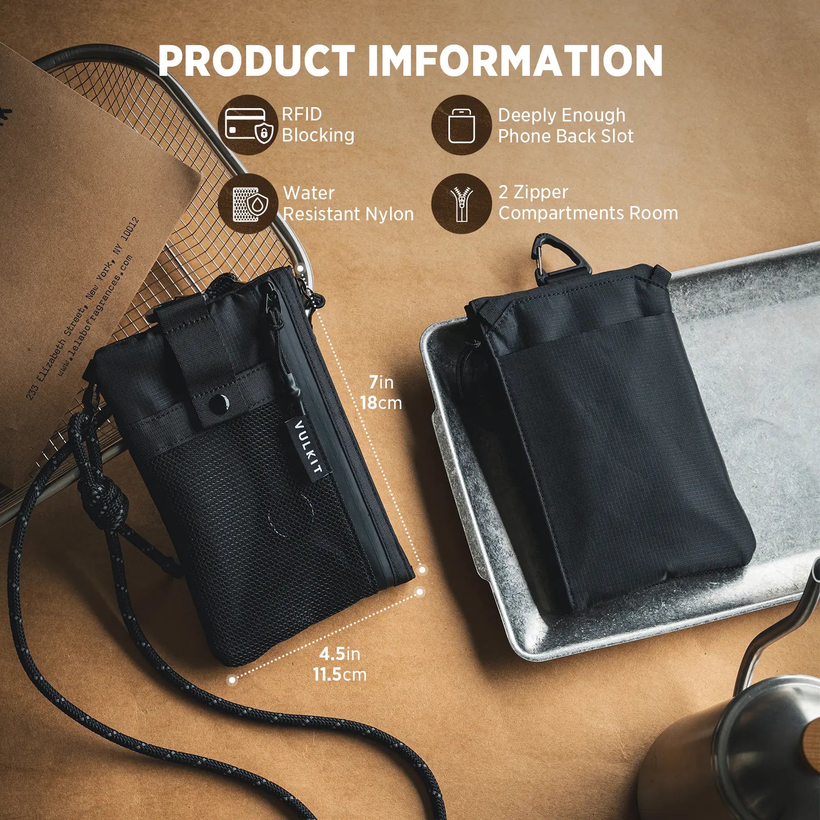 VULKIT VB112 pochette viaggio nera RFID nylon impermeabile