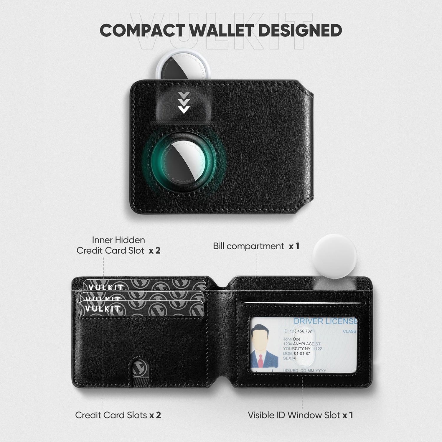 VULKIT AirTag Holder Wallet VW127 portafoglio RFID nero