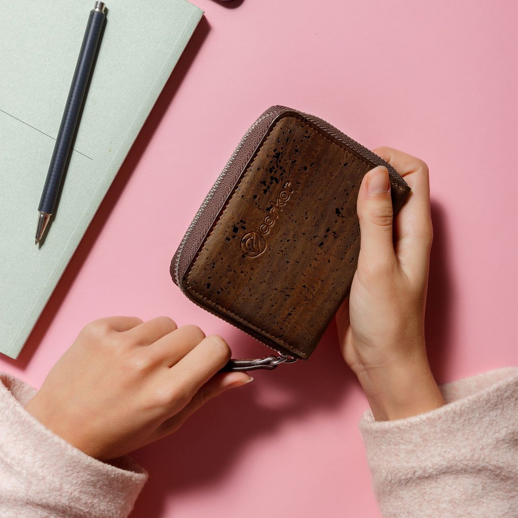 Corkor Wallets portafoglio donna sughero marrone zip RFID