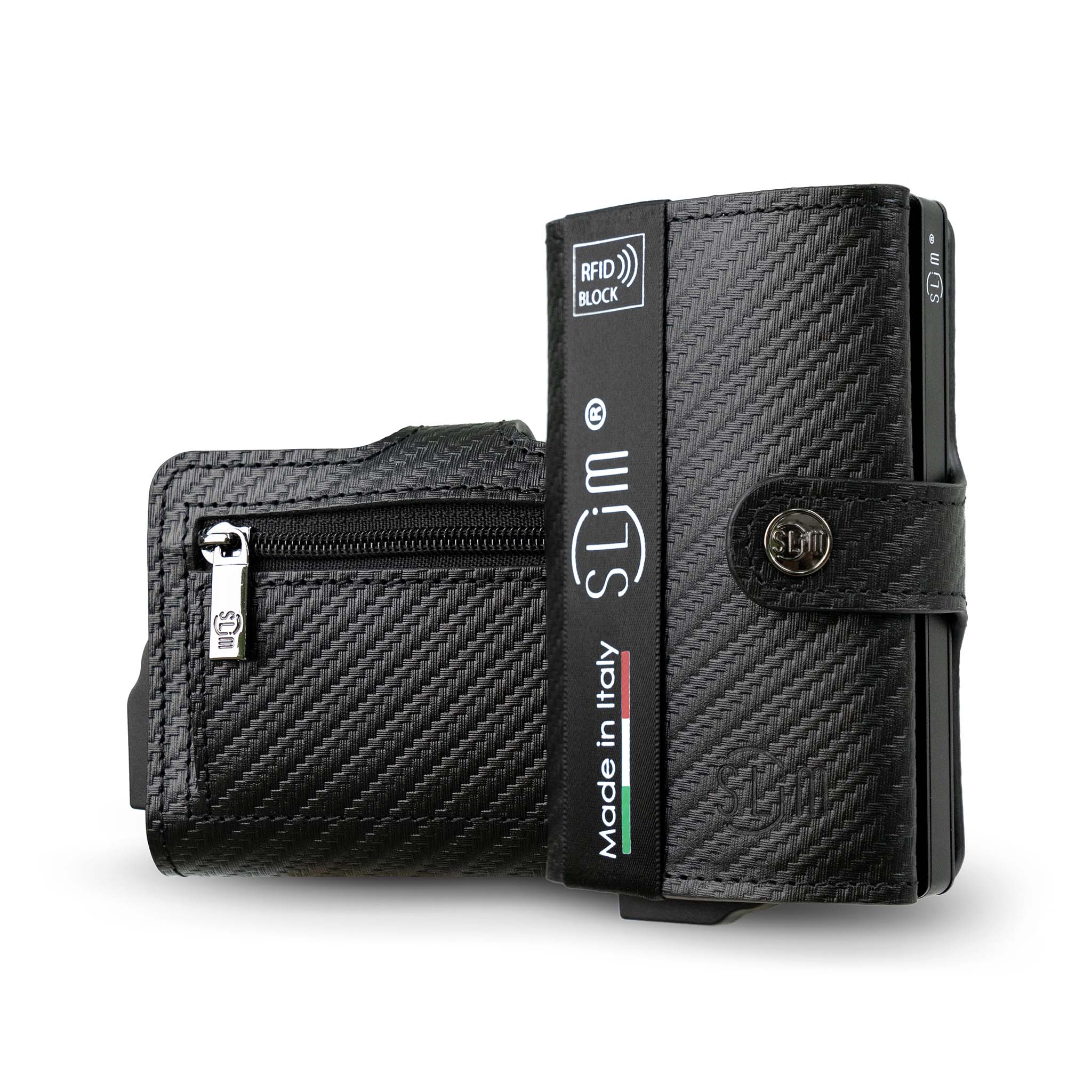 SLim Vera Pelle Carbon Portafoglio Nero Zip RFID