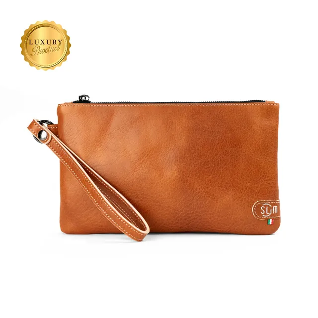 SLim Pochette Polsiera pochette pelle vegetale cognac