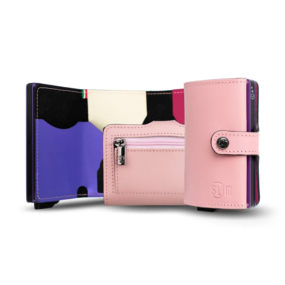 SLim Vera Pelle Portacarte Rosa Multicolor Zip Monete