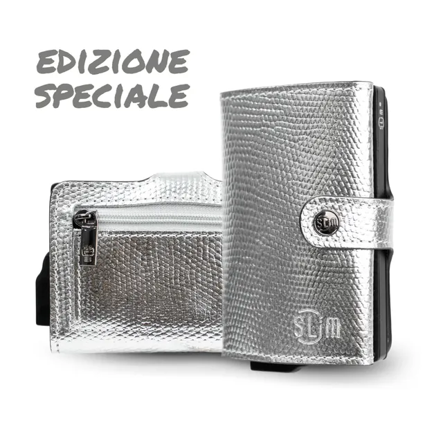 SLim Vera Pelle portacarte tejus Argento Laminato