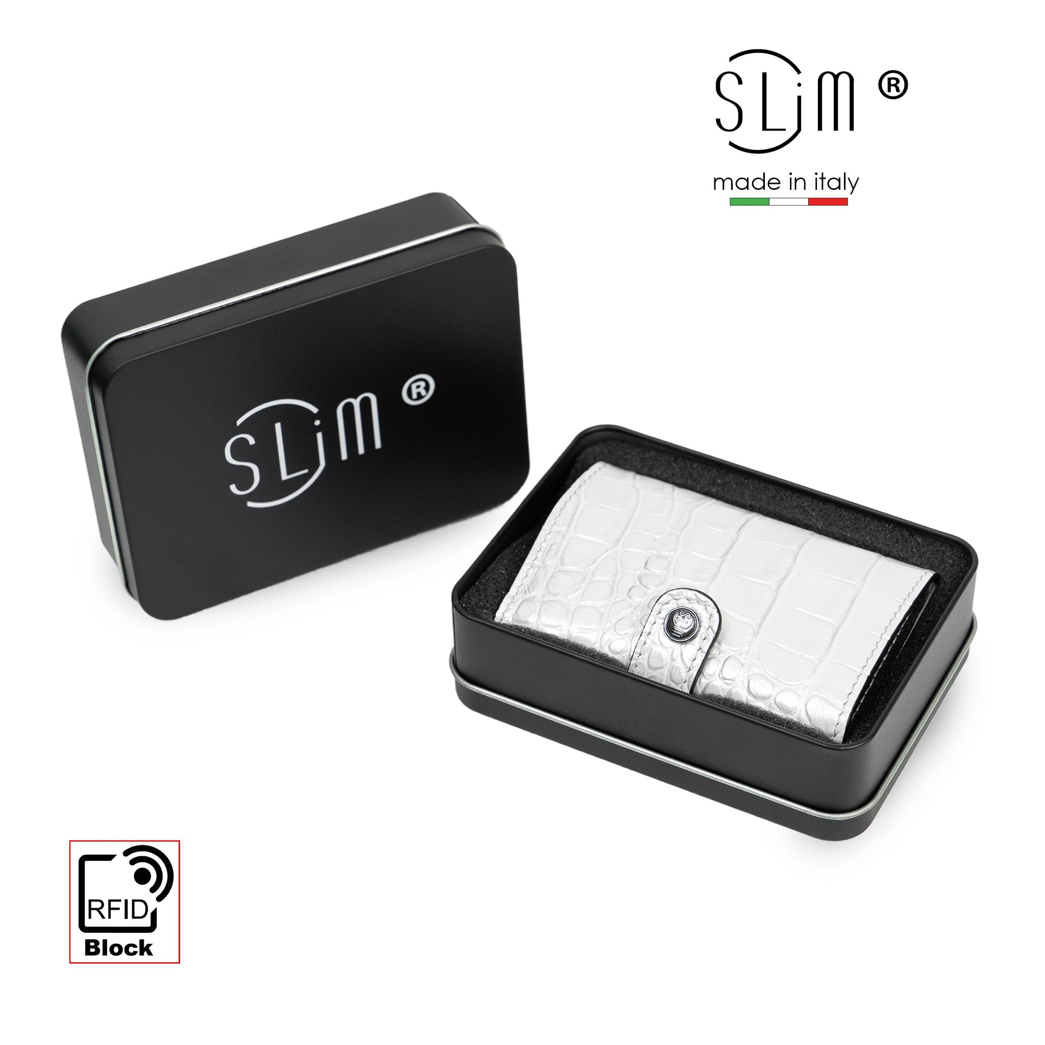 SLim Stampa Cocco Portacarte Pelle Argento RFID 12 Carte