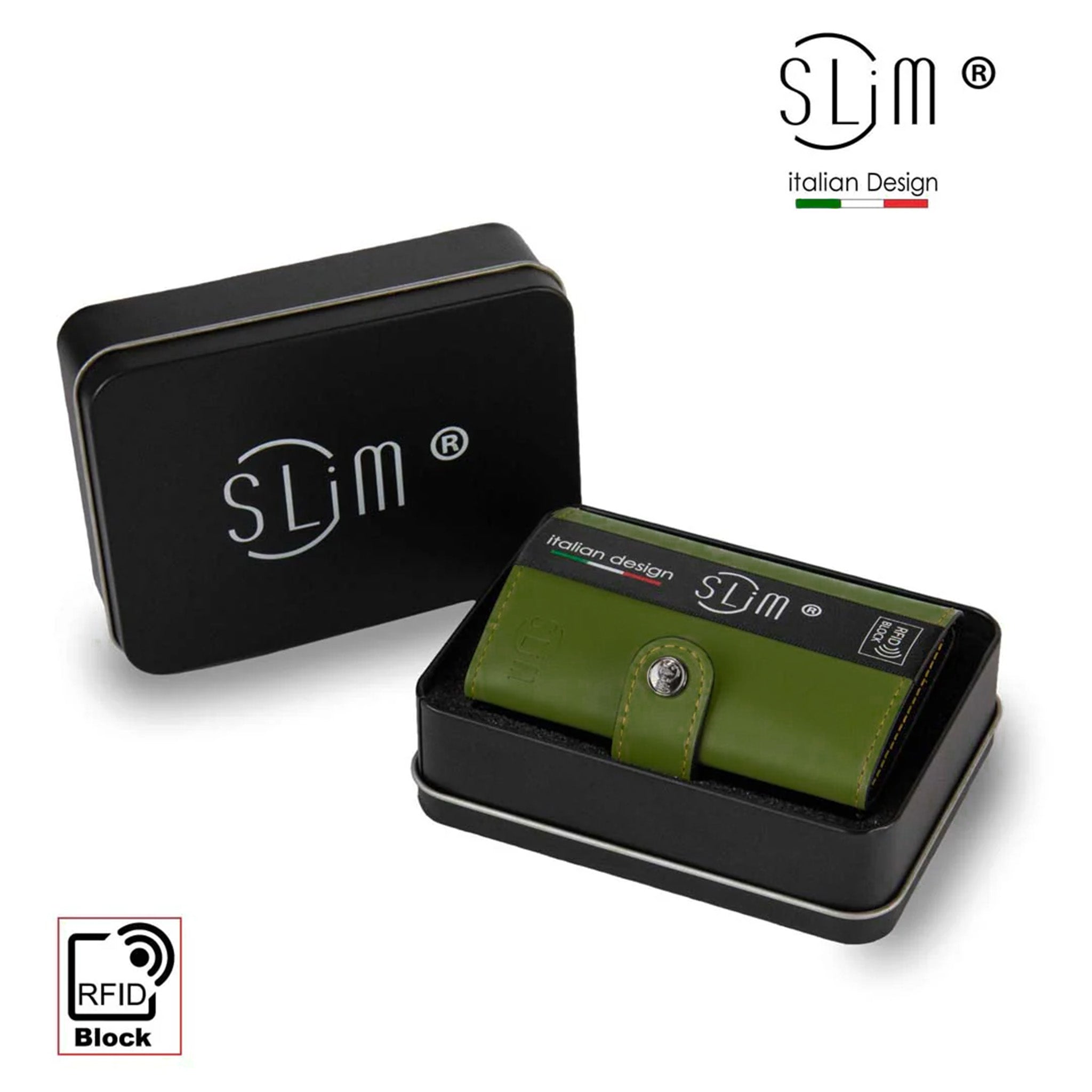 SLim Vera Pelle Portafoglio Verde Pistacchio Giallo Zip RFID