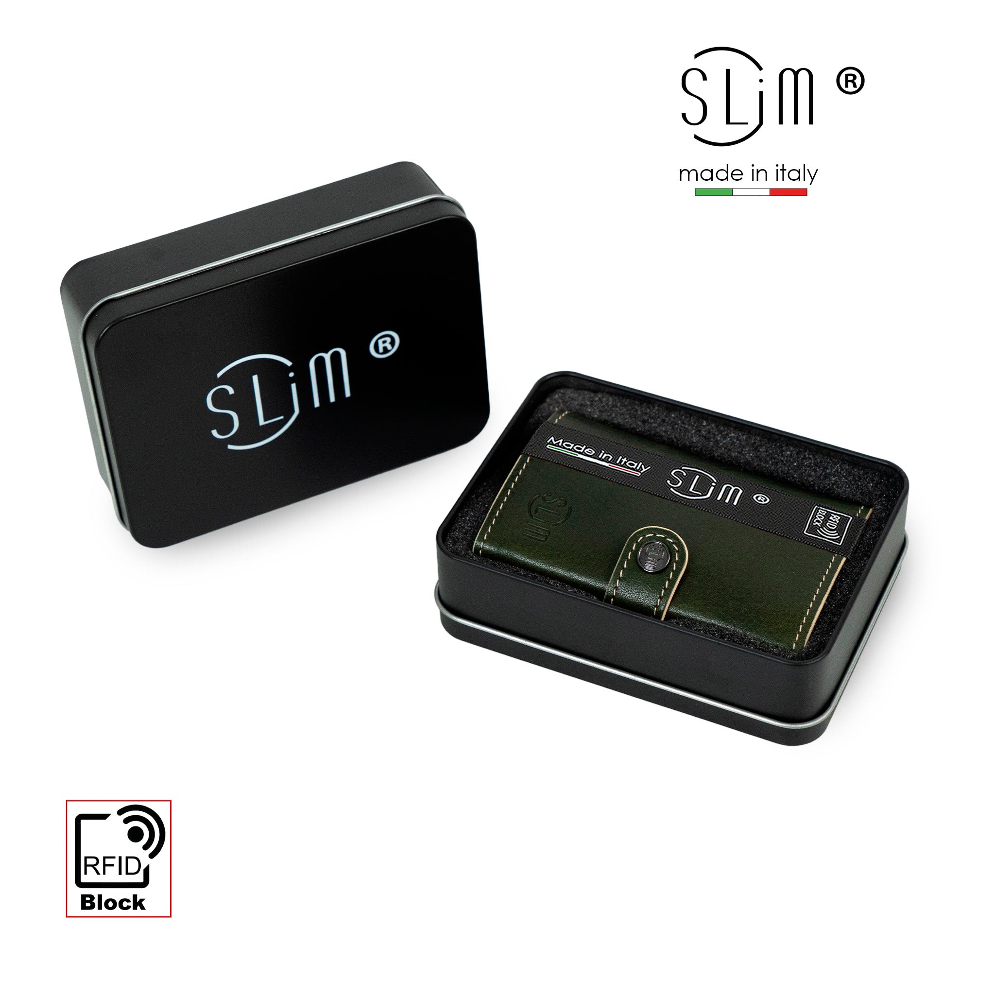 SLim Vera Pelle Vegetale Verde Zip portacarte RFID 10,5x7