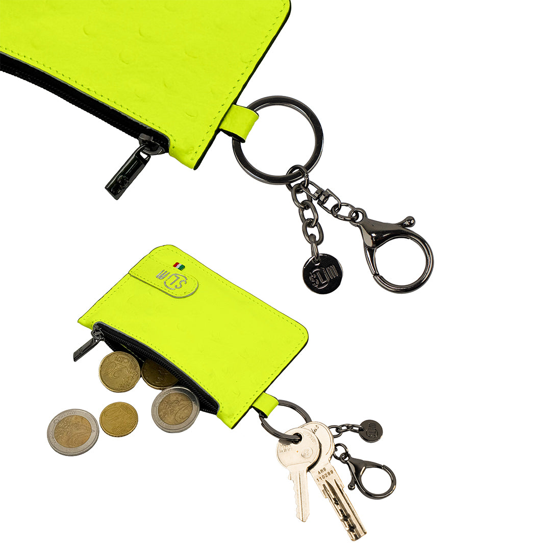 SLim Portachiavi Portamonete Struzzo Giallo Fluo pelle