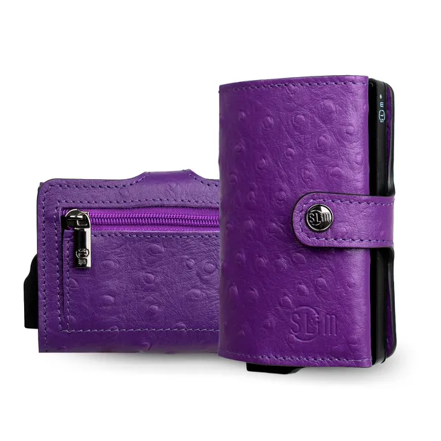 SLim Vera Pelle Portafoglio Stampa Struzzo Viola compatto RFID