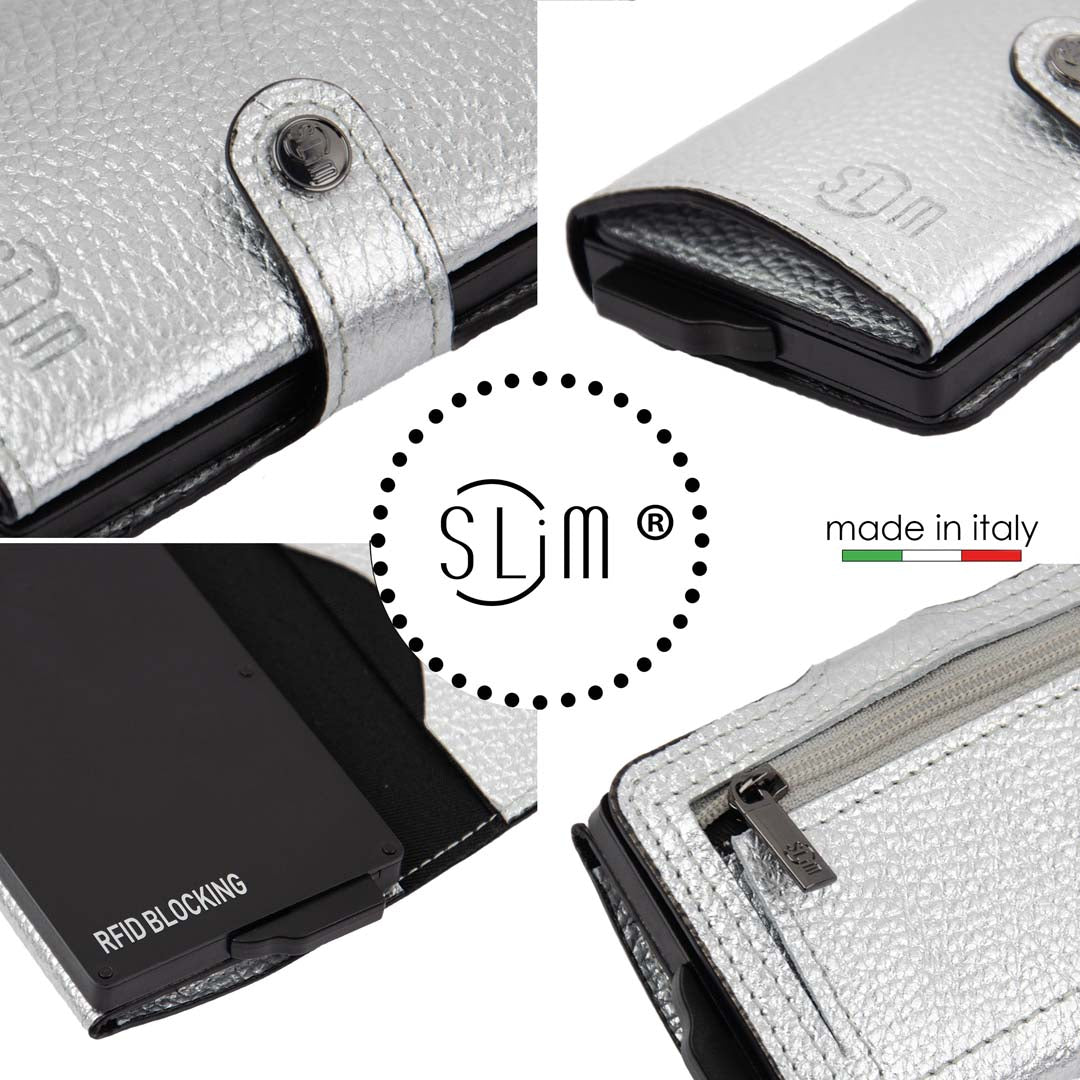 SLim Bottalato Portafoglio Metal Argento Zip Porta Monete RFID