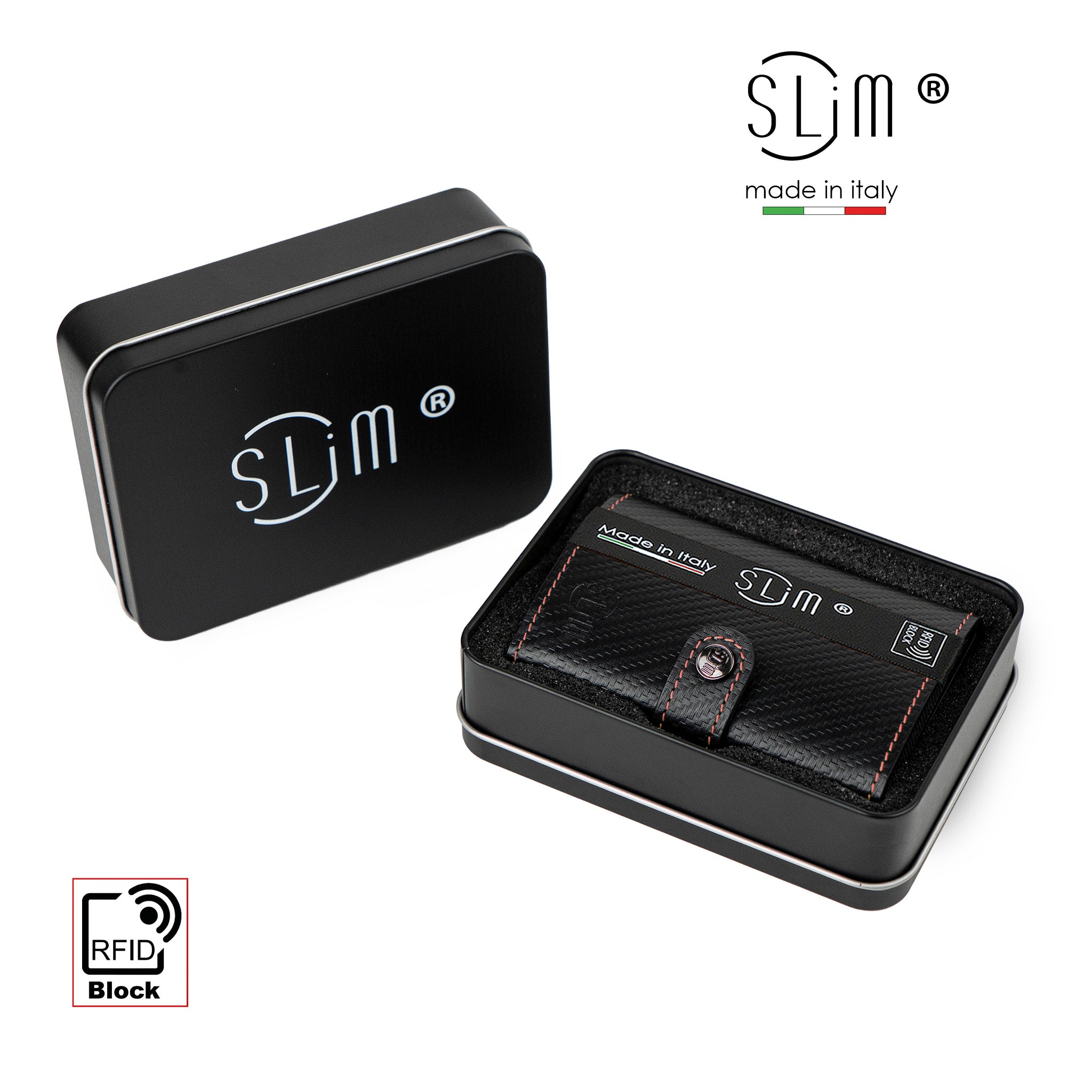 SLim Vera Pelle Carbon Nero Rosso Zip portafoglio compatto RFID