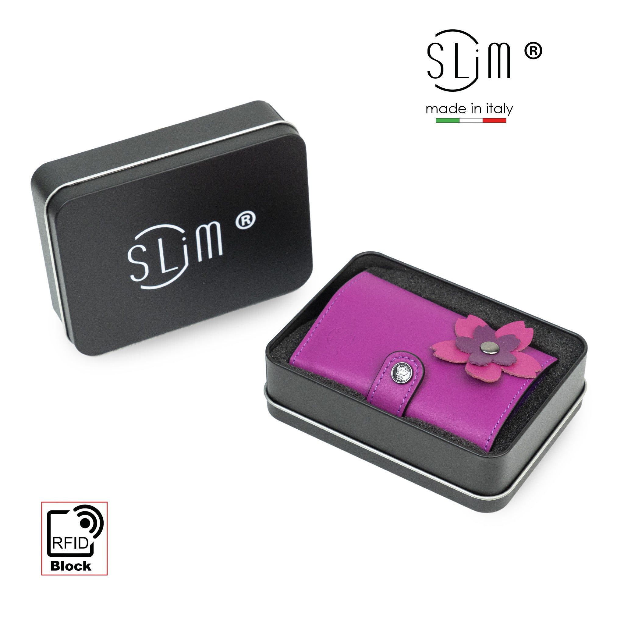 SLim Vera Pelle Portacarte Ciclamino Flower RFID 12 Carte