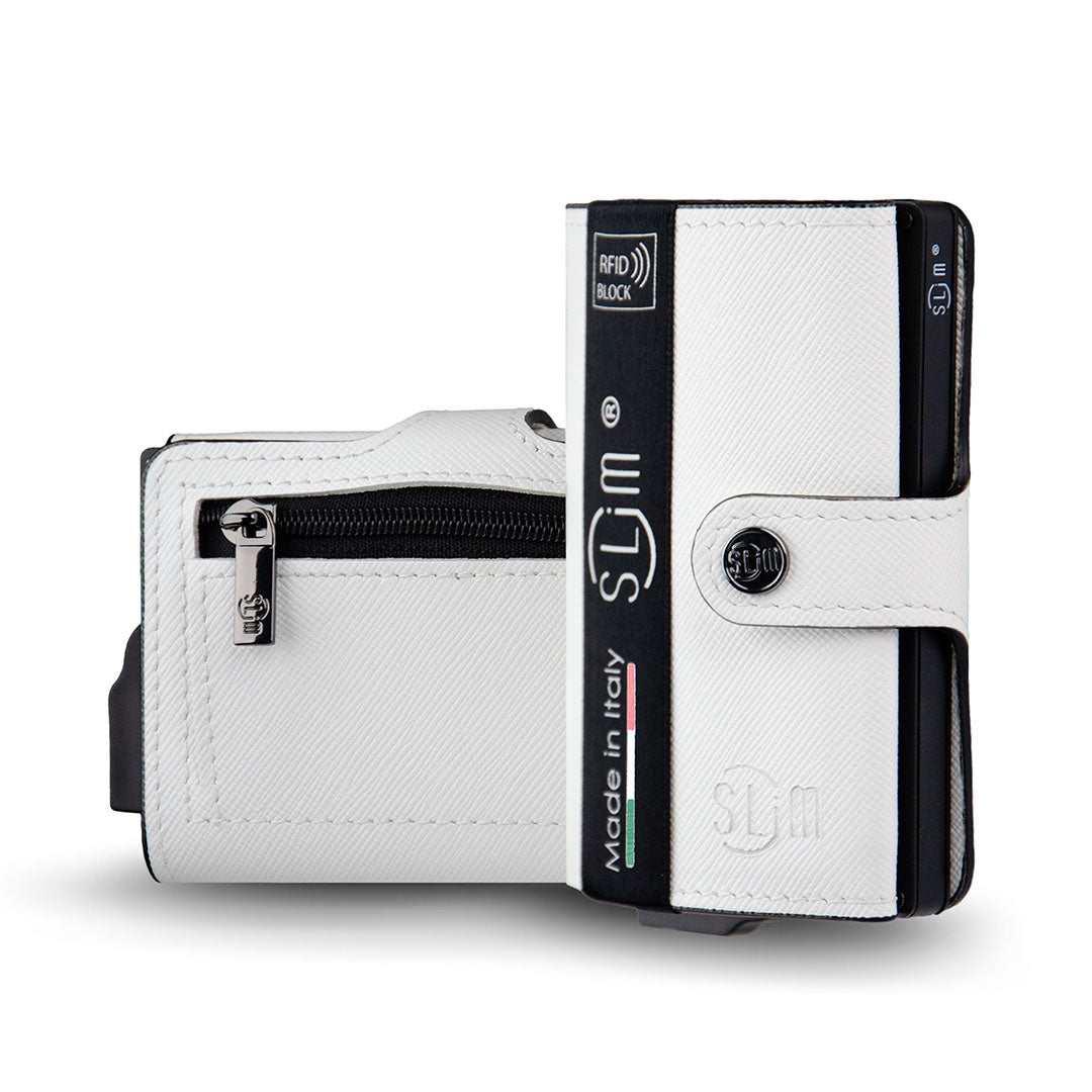 SLim Saffiano portacarte bianco con zip anti graffio RFID