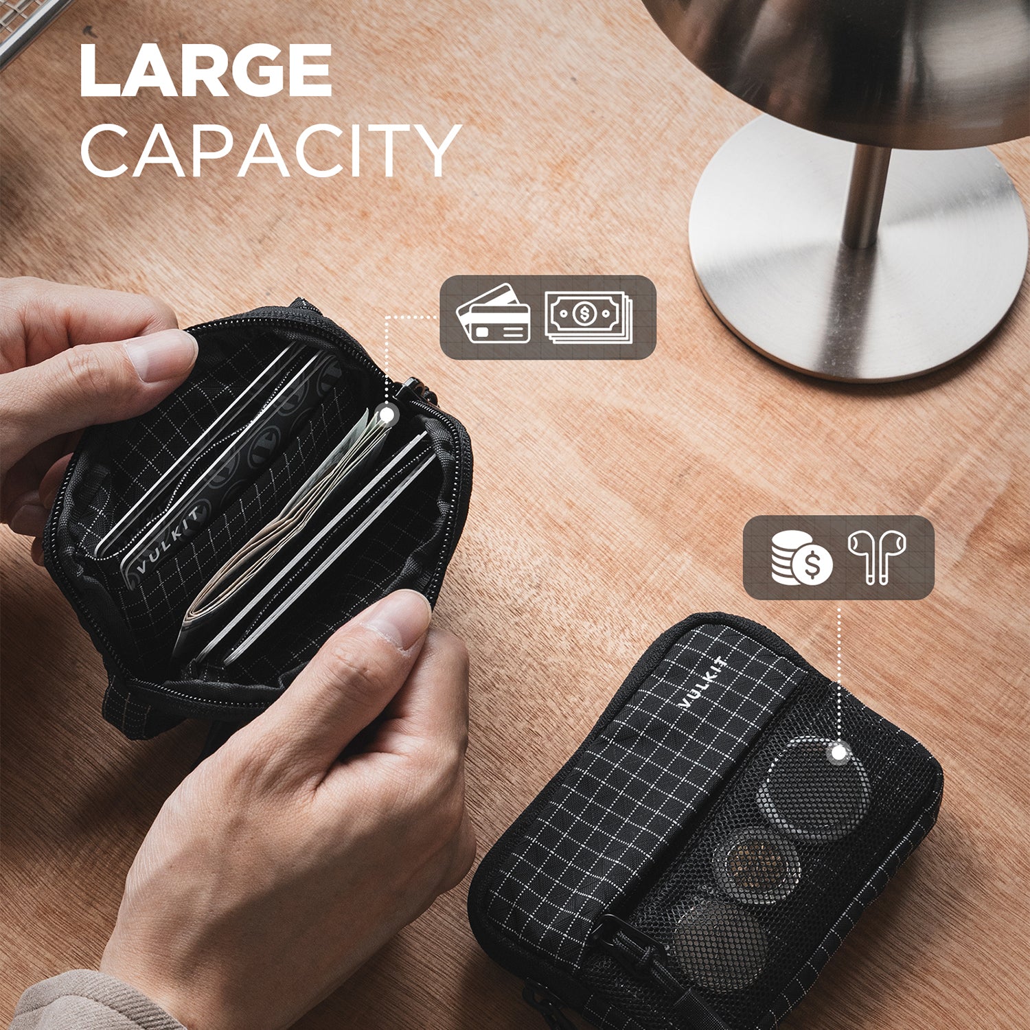 VULKIT Multifunctional VW152 Portafoglio RFID Nero con Laccetto