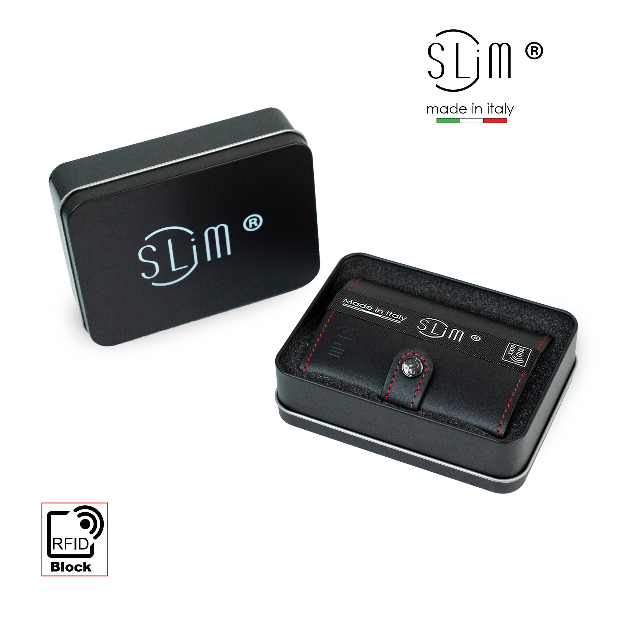 SLim Vera Pelle portafoglio nero rosso zip RFID 12 carte
