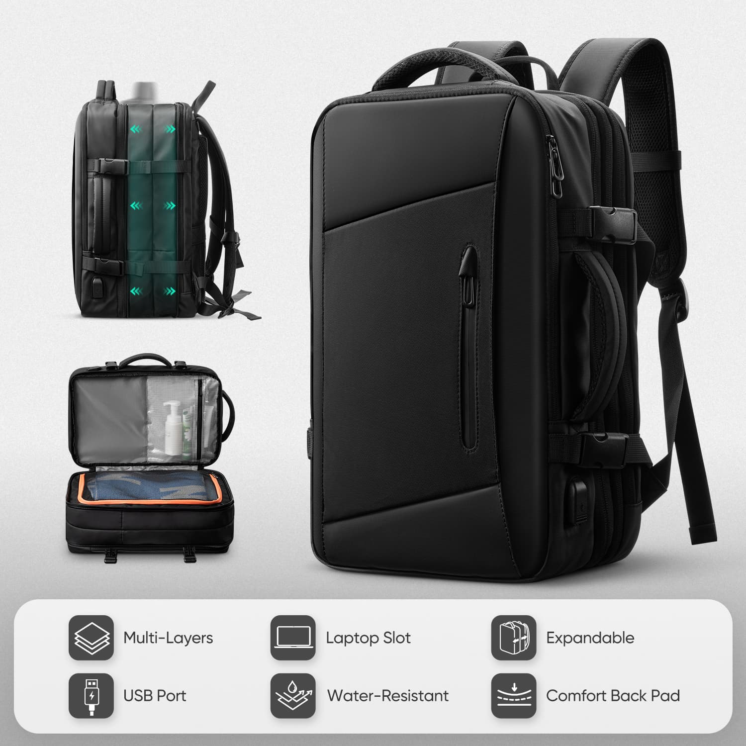 VULKIT Backpacks VBP100 zaino viaggio espandibile nero