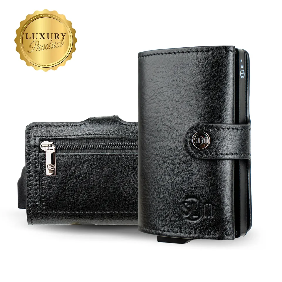SLim Vera Pelle portacarte nero concia vegetale zip RFID