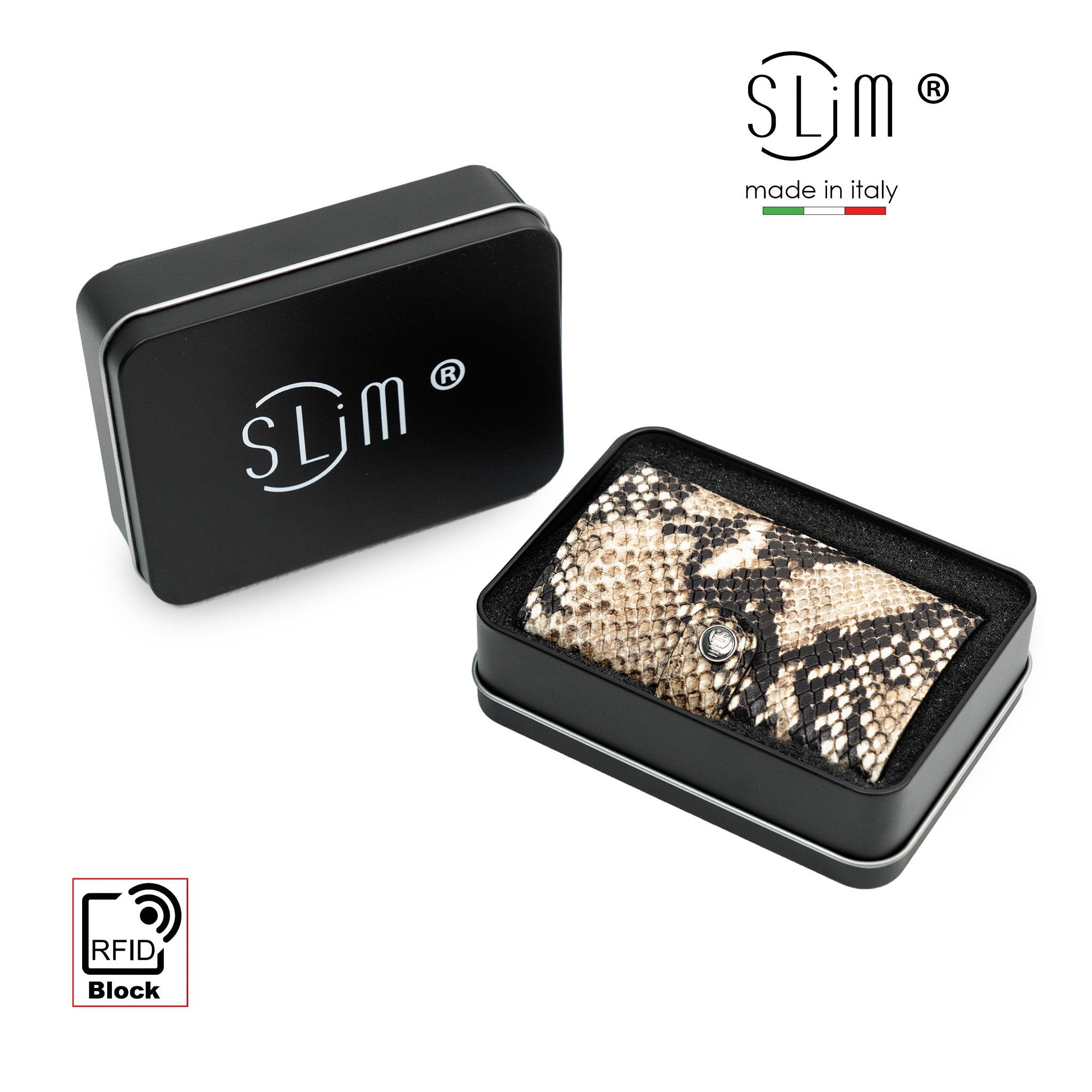 SLim Vera Pelle portafoglio compatto Rettile Beige RFID
