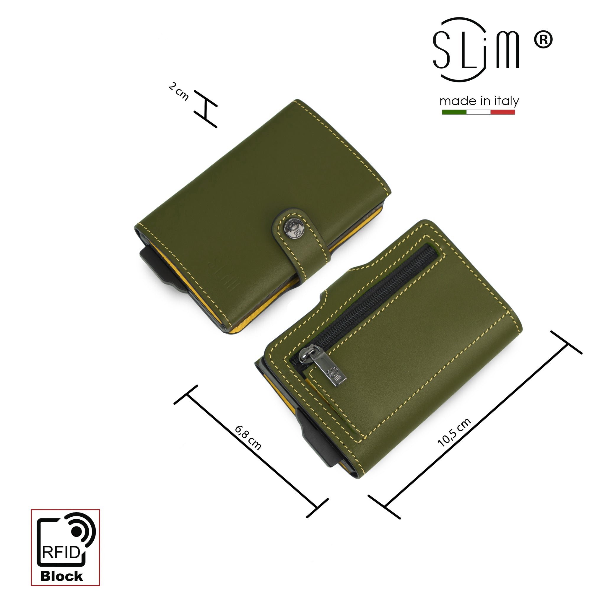 SLim Vera Pelle Portafoglio Verde Pistacchio Giallo Zip RFID