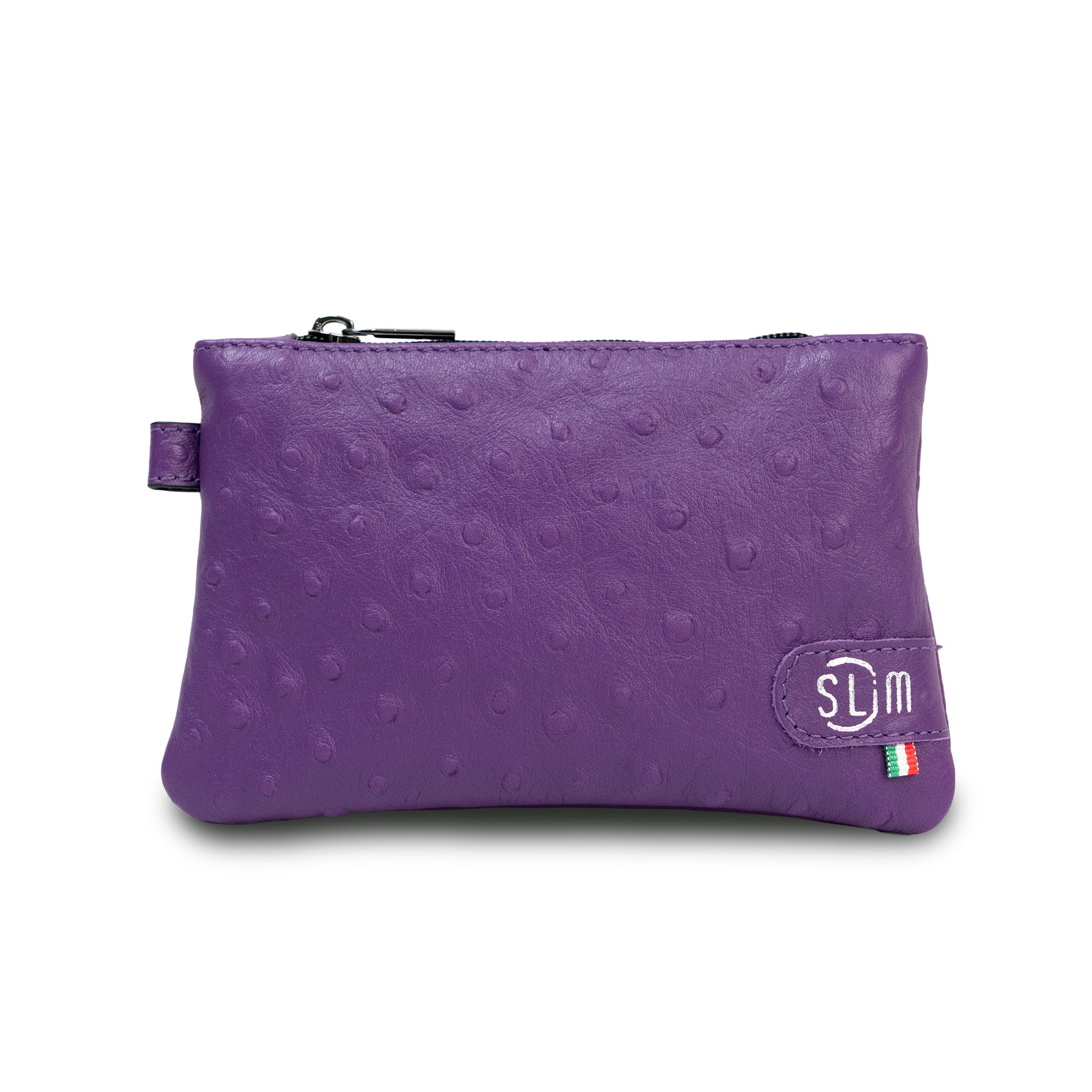 SLim Mini Pochette struzzo viola vera pelle portamonete