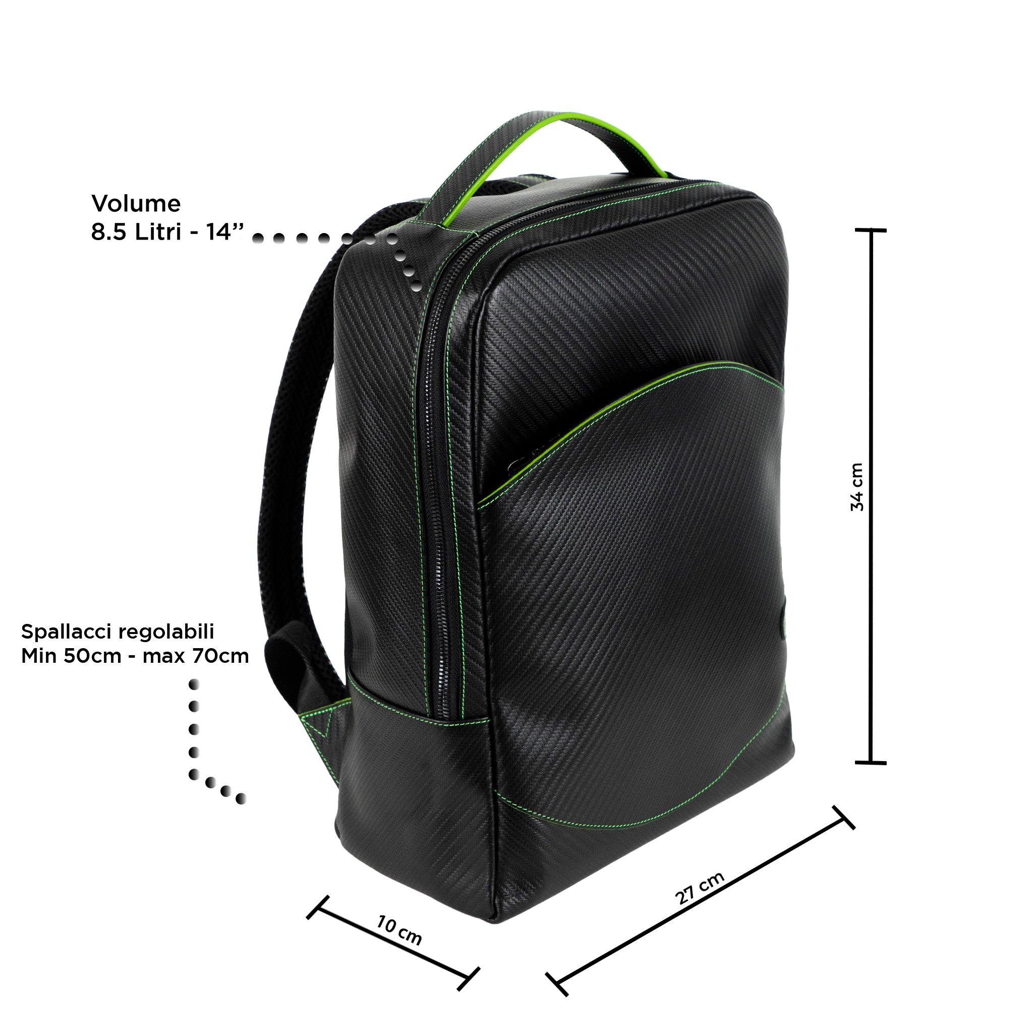 SLim Zaino Medio pelle Carbon Nero cuciture Verde Fluo 8,5 L