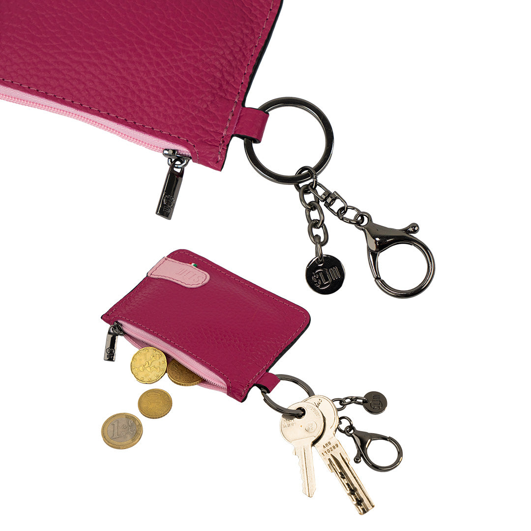 SLim Portachiavi Portamonete Bottalato Fucsia pelle 10x7