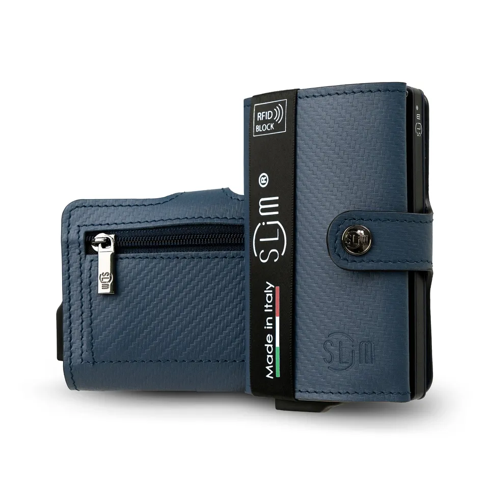 SLim Vera Pelle Carbon Portacarte Blu con Zip 12 Carte