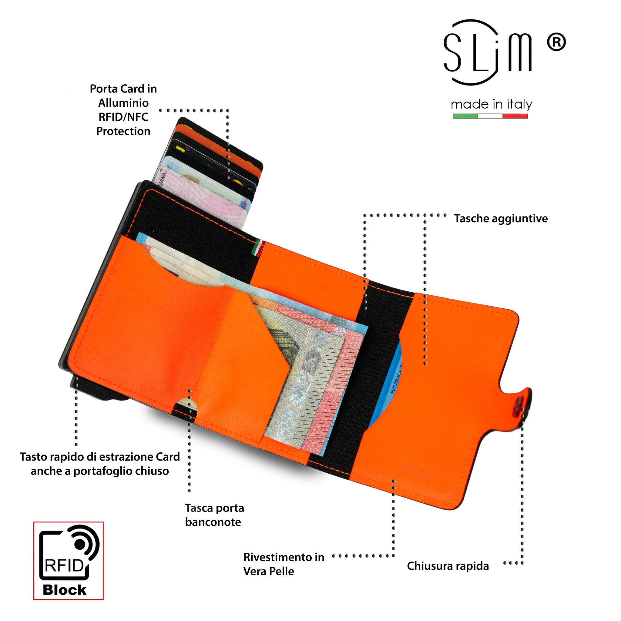 SLim Vera Pelle Carbon portafoglio nero arancio AirTag
