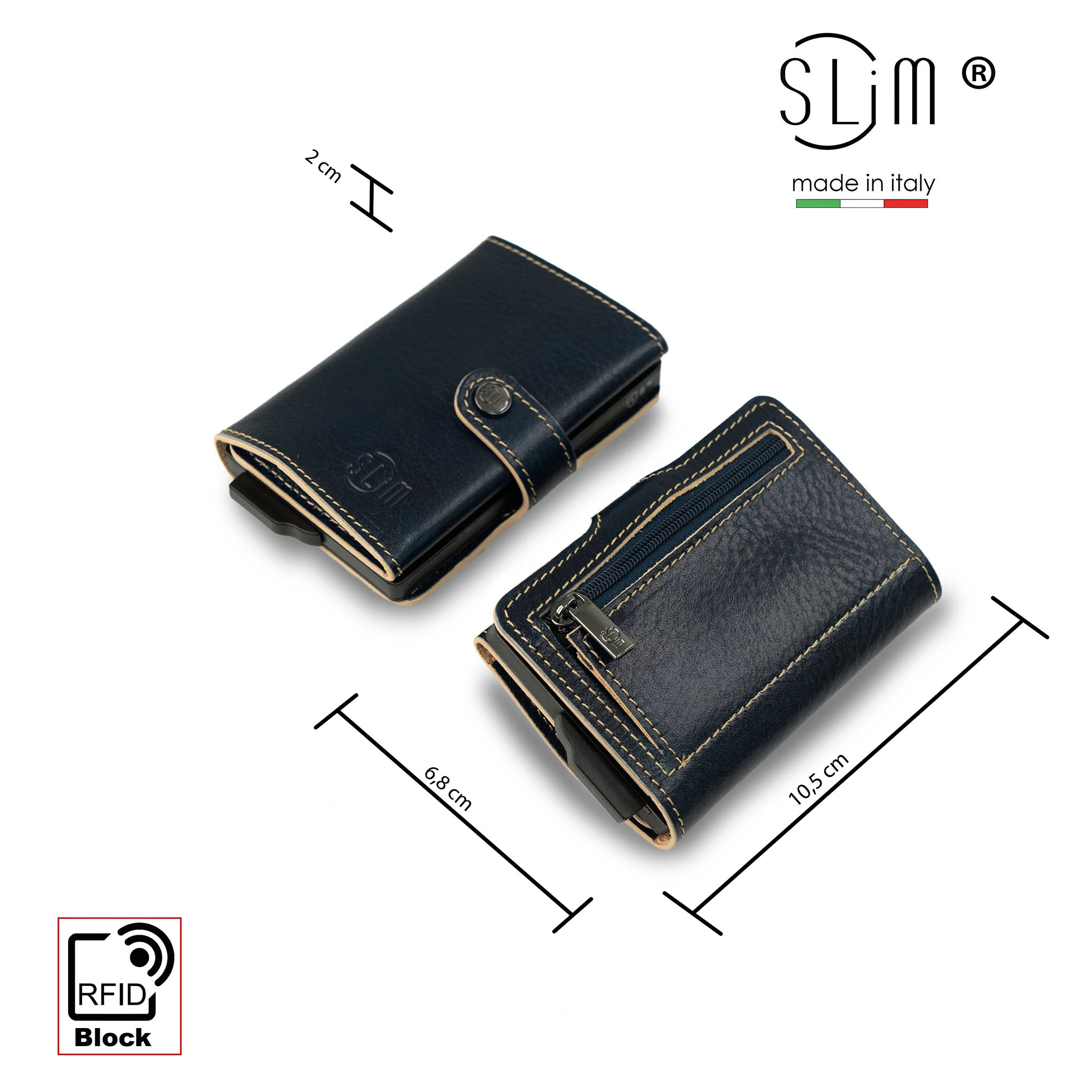 SLim Vera Pelle portafoglio concia vegetale blu zip