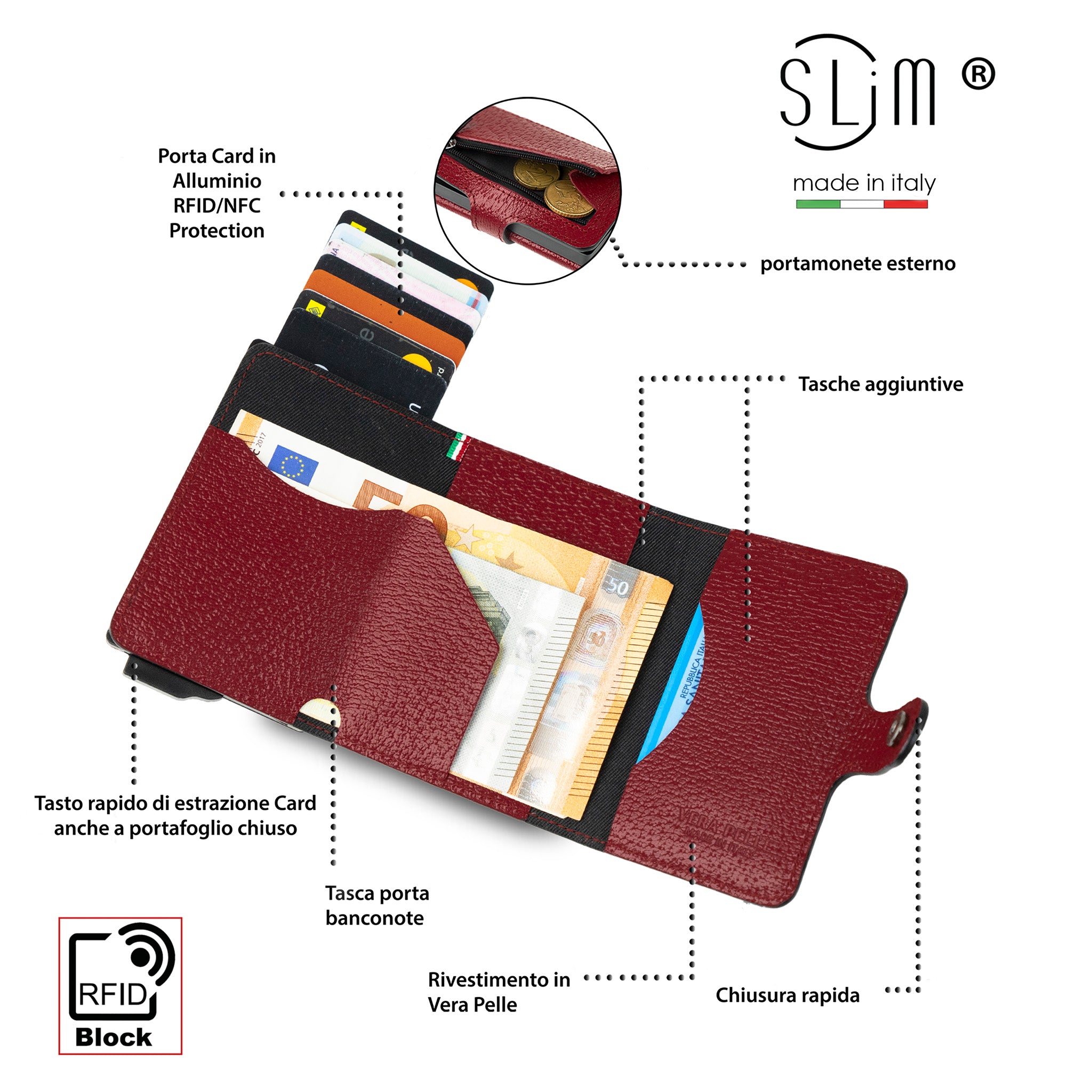 SLim Cinghialino portafoglio compatto pelle Bordeaux