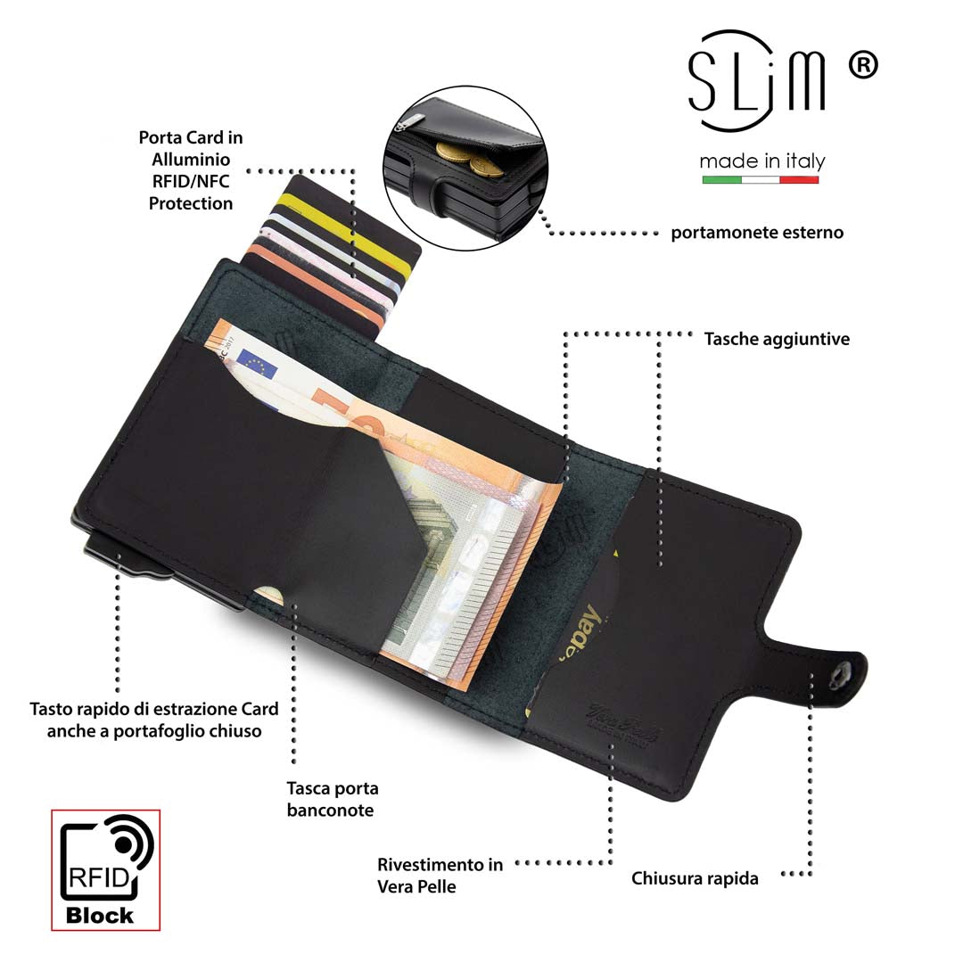 SLim Vera Pelle Nero portafoglio doppia cassa con zip