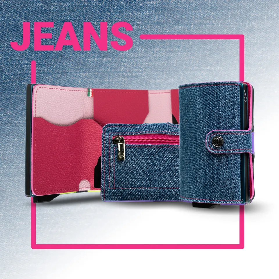 SLim Vera Pelle portafoglio jeans fucsia zip RFID 12 carte