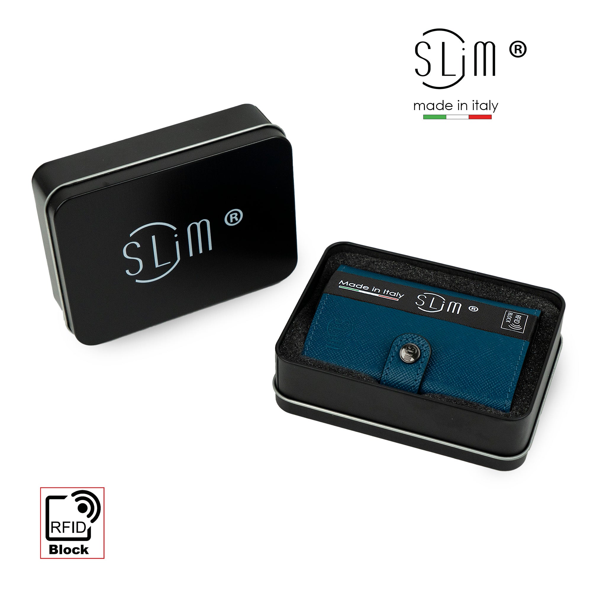 SLim Saffiano Porta Carte Pelle Petrolio Zip RFID