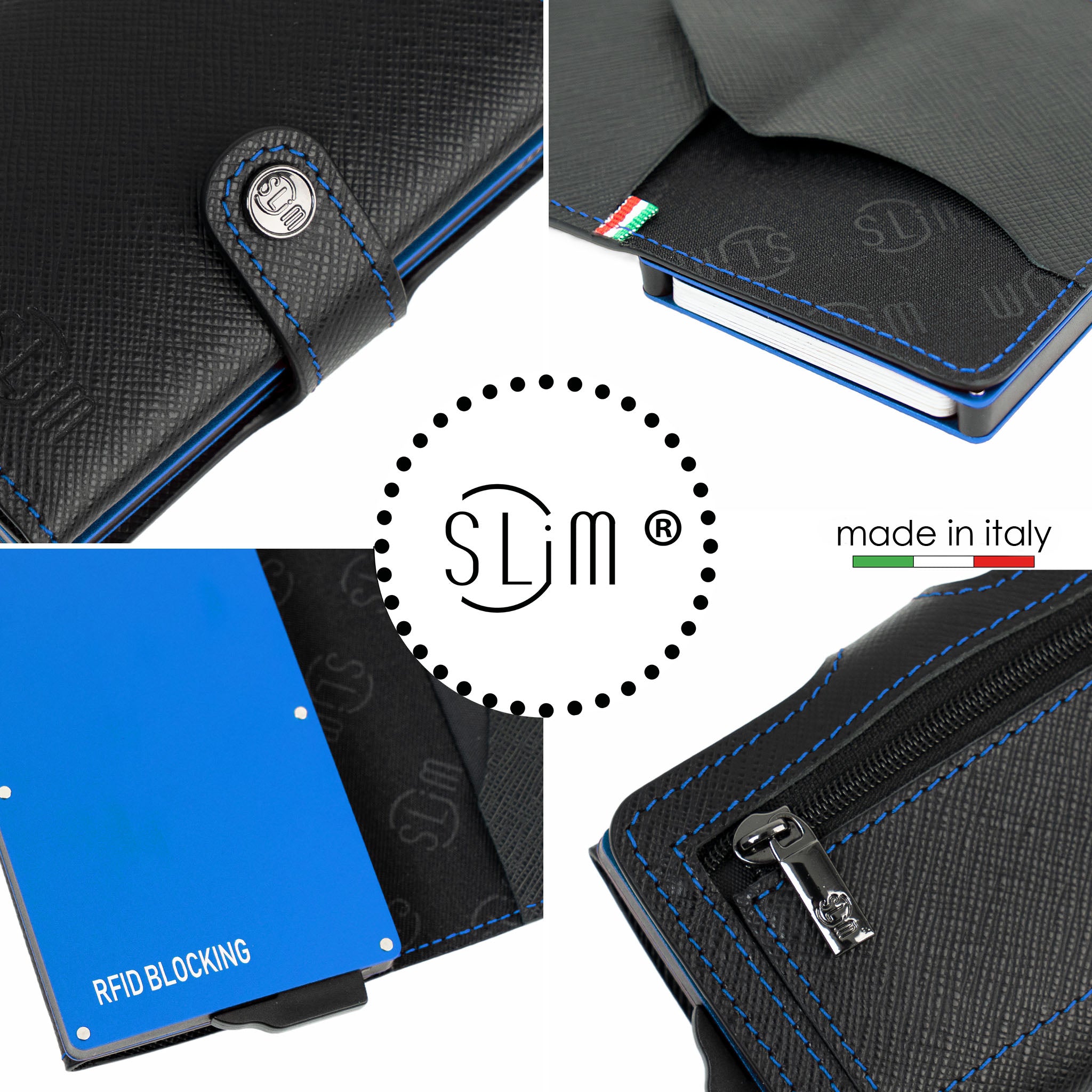 SLim Saffiano Nero portafoglio cassa blu vera pelle