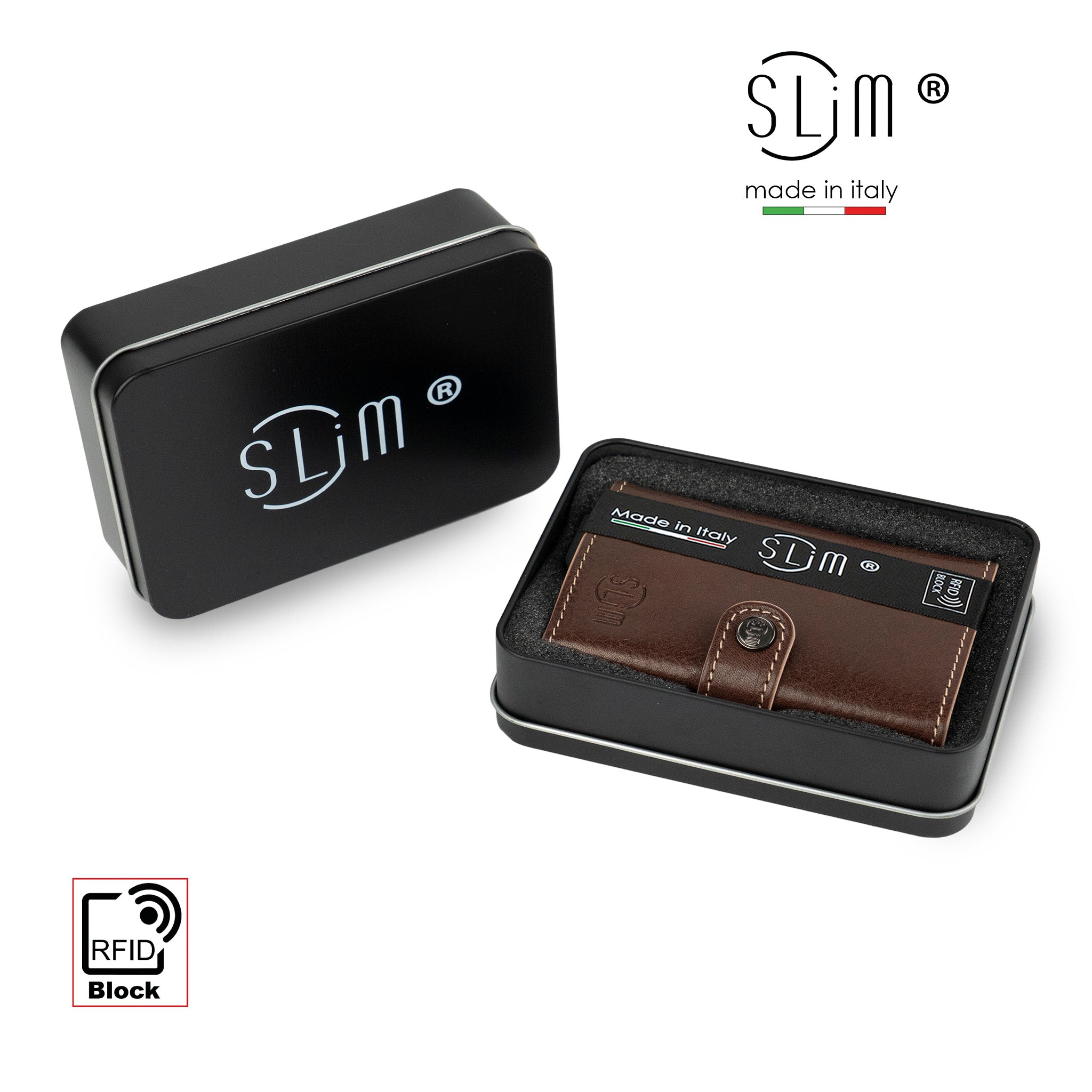SLim Vera Pelle Portafoglio Marrone Vegetale Zip RFID 12 Carte