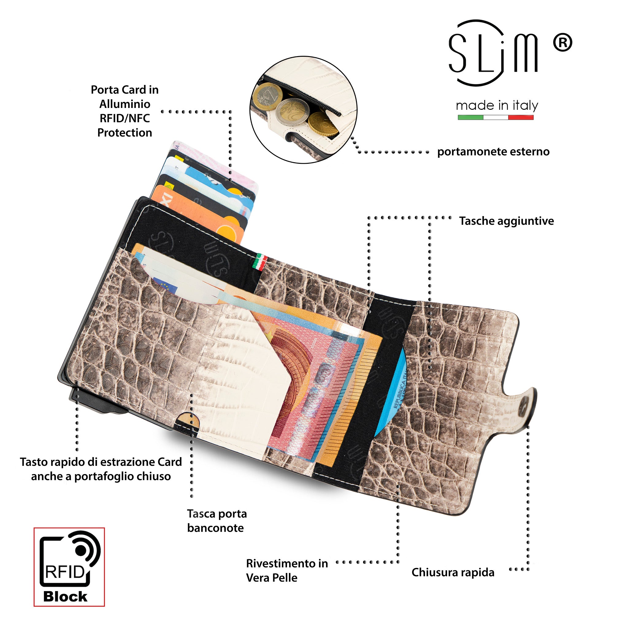 SLim Stampa Cocco portafoglio compatto Cocco Metal Argento RFID