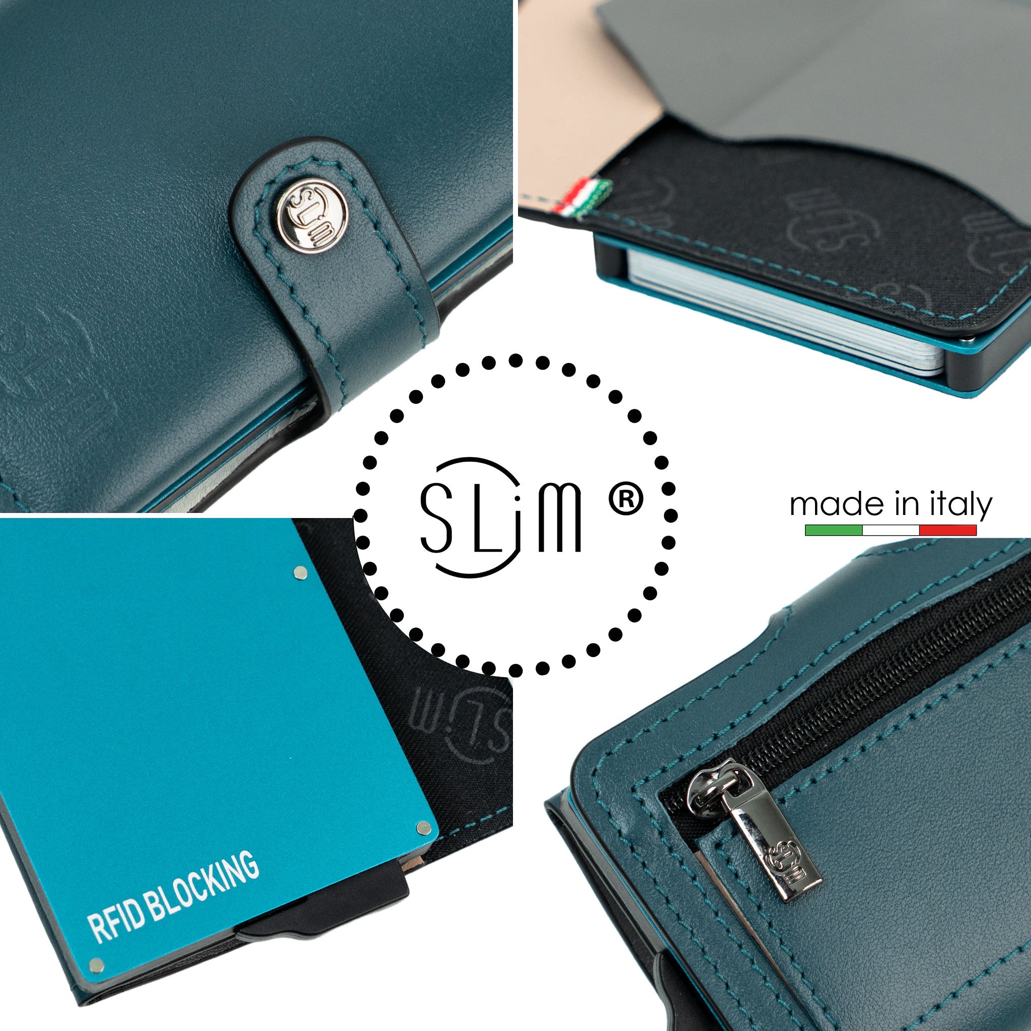 SLim Vera Pelle Portafoglio Blu Petrolio Zip 10,5cm